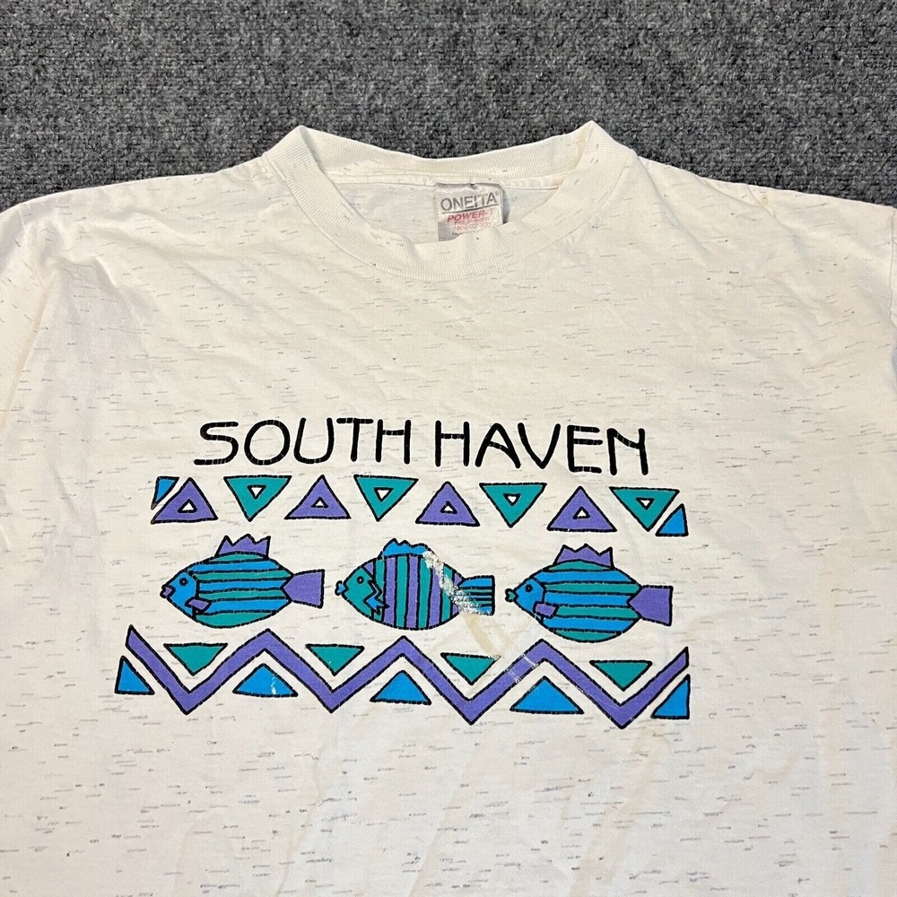 Vintage South Haven Shirt Mens Large White Graphic Print Travel Oneita 90s - Picture 2 of 6